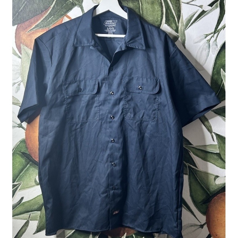 Dickies Work Shirt Mens Large Blue Short Sleeve Temp Control Button Up Pockets